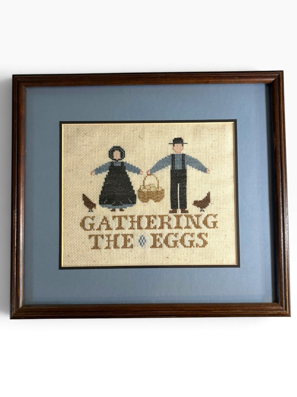 Vintage Amish Gathering The Eggs Framed Cross Stitch Sampler Country Wall Art